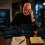 KI generiertes Bild von Keynotspeaker Nils Bäumer umgeben von vielen KI Anwendungen