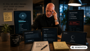 KI generiertes Bild von Keynotspeaker Nils Bäumer umgeben von vielen KI Anwendungen